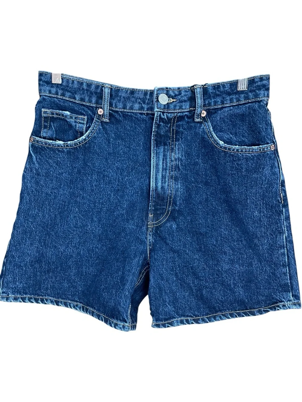 Zara Mom Fit High Rise Bermuda Jean Denim Shorts Dark Blue